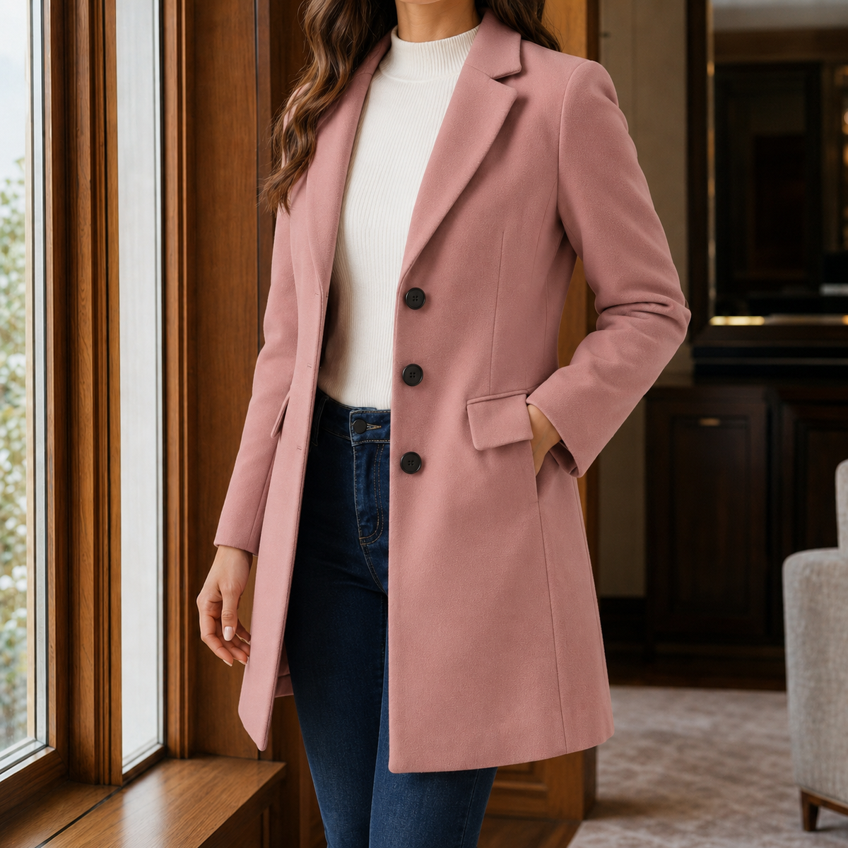 Coat Wool Blend Tailored Fitted Flared with Notched Lapels