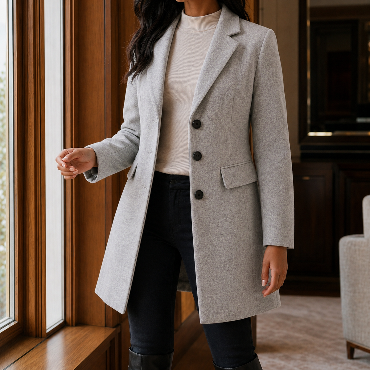 Coat Wool Blend Tailored Fitted Flared with Notched Lapels
