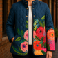 Floral Jacket Polyester Quilted with Stand Collar and Snap Front