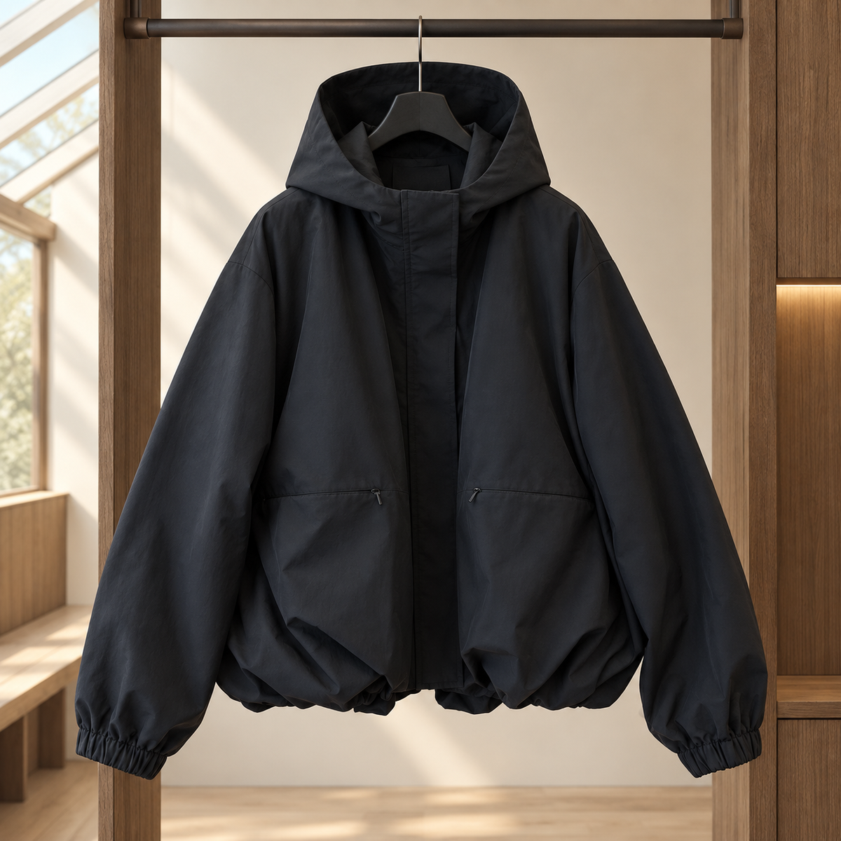 Hooded Jacket Polyester Loose with Balloon Hem and Concealed Zip