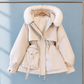 Parka Polyester Short with Faux Fur Hood Trim and Drawstring Waist