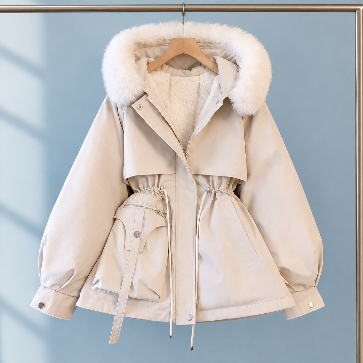 Parka Polyester Short with Faux Fur Hood Trim and Drawstring Waist