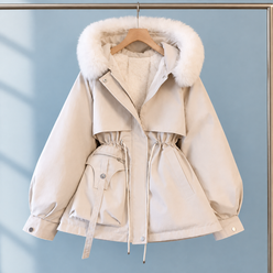 Parka Polyester Short with Faux Fur Hood Trim and Drawstring Waist