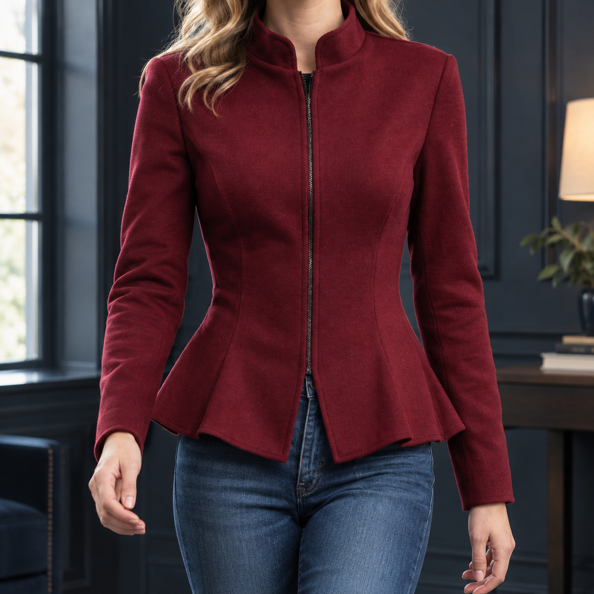 Peplum Jacket Polyester Close Fit with Stand Collar and Flared Hem
