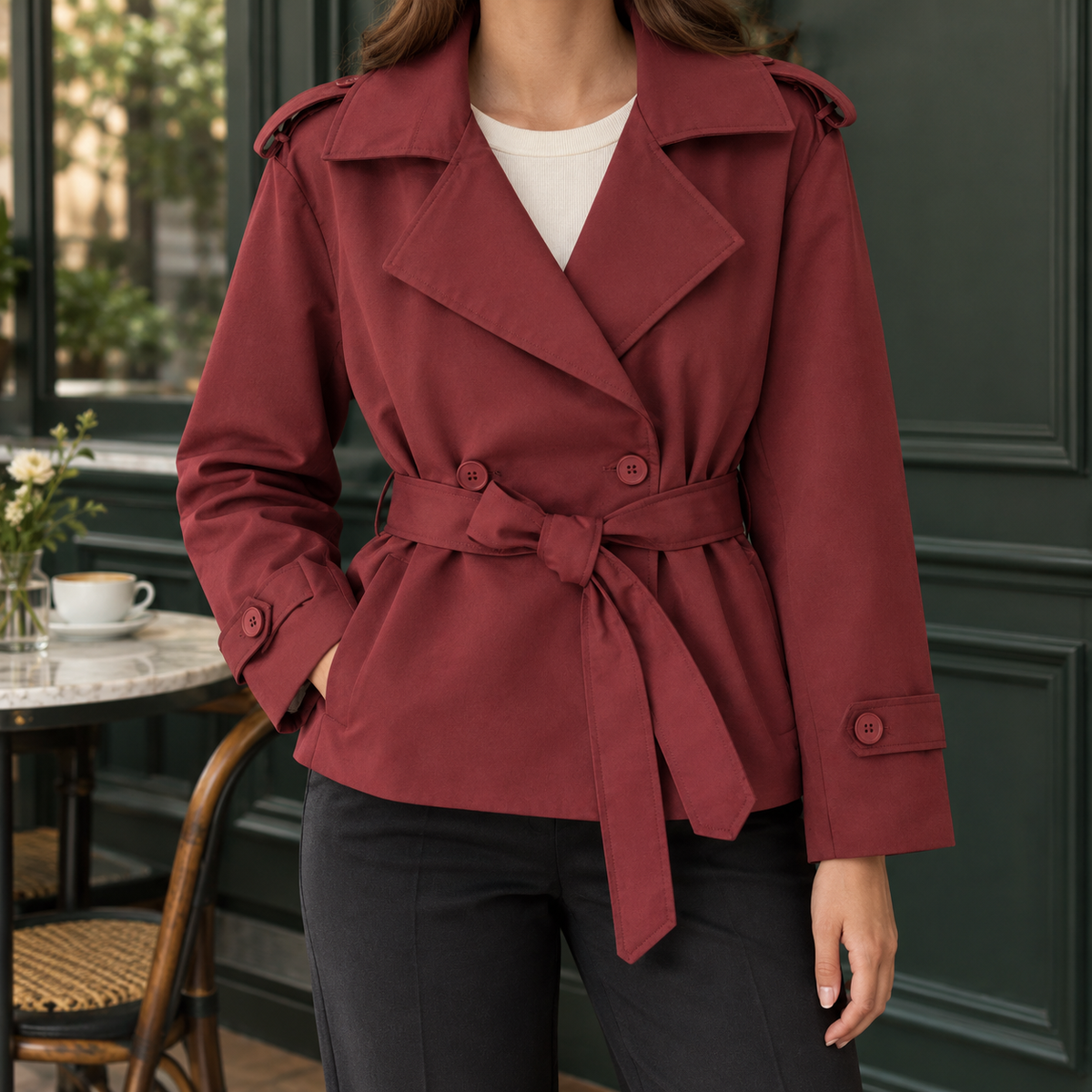 Trench Jacket Polyester Belted with Wide Lapels and Cuff Tabs