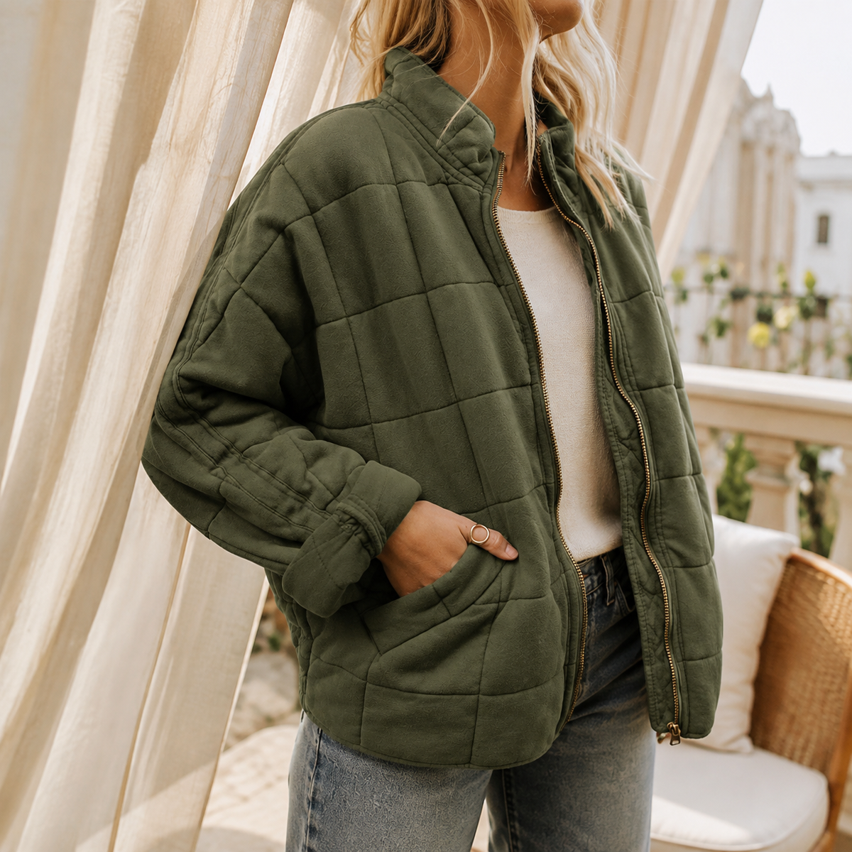 Quilted Jacket Polyester Relaxed with Square-Grid Quilting and Zip