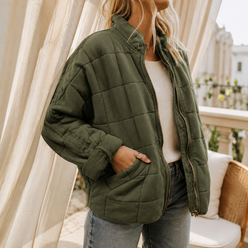 Quilted Jacket Polyester Relaxed with Square-Grid Quilting and Zip