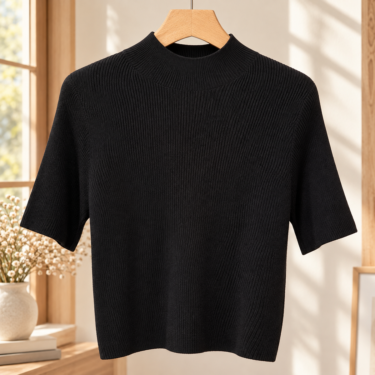 Finely Ribbed Lightweight Mock Neck Top