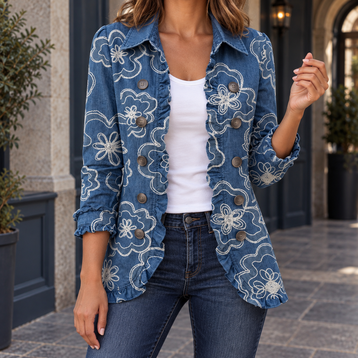 Floral Jacket Polyester Double-Breasted Fitted with Ruffled Hem