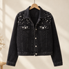 Denim Jacket Cropped with Pearl Beading and Flap Chest Pockets
