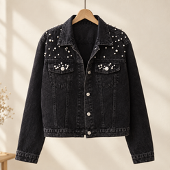 Denim Jacket Cropped with Pearl Beading and Flap Chest Pockets