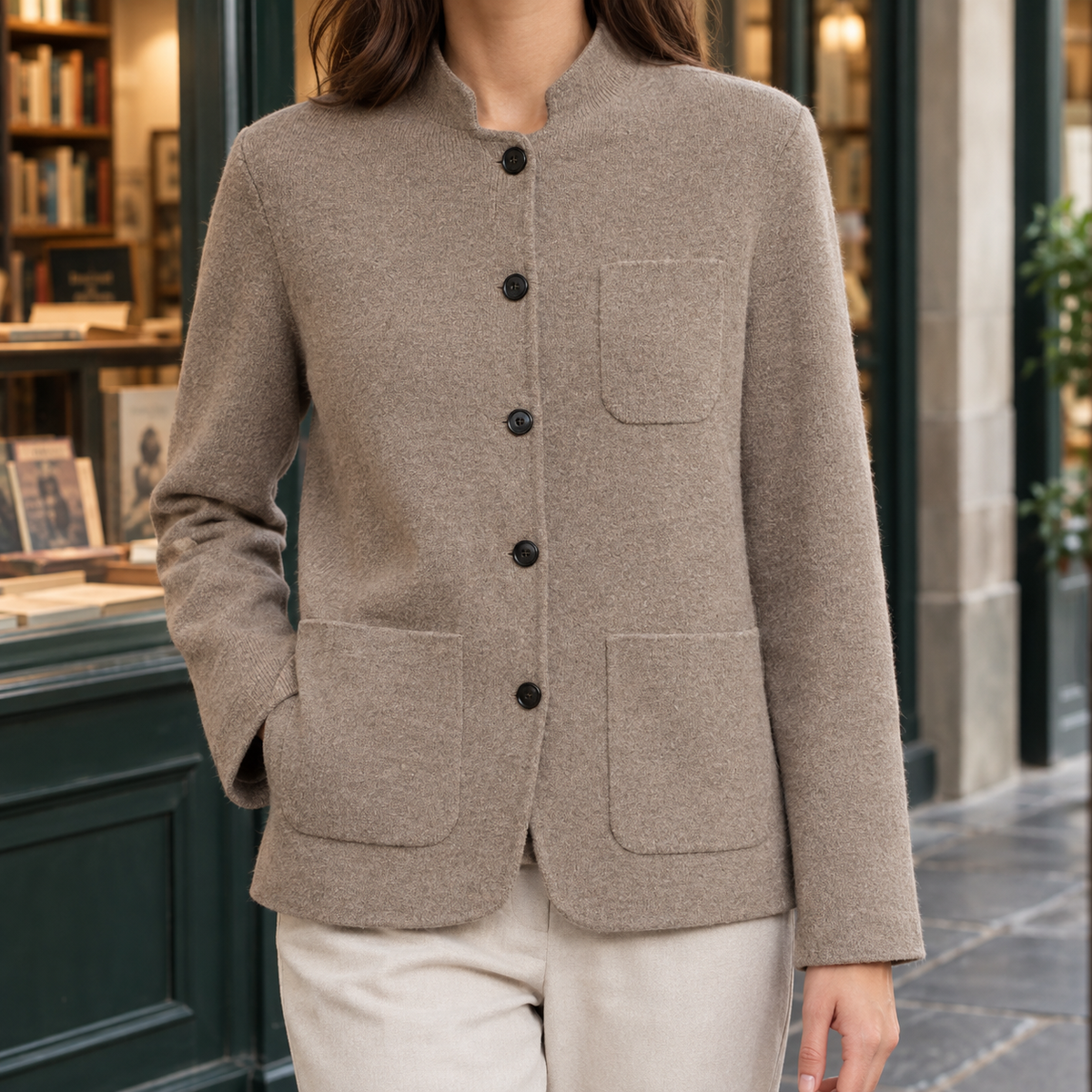 Jacket Wool Stand Collar with Five-Button Front and Patch Pockets