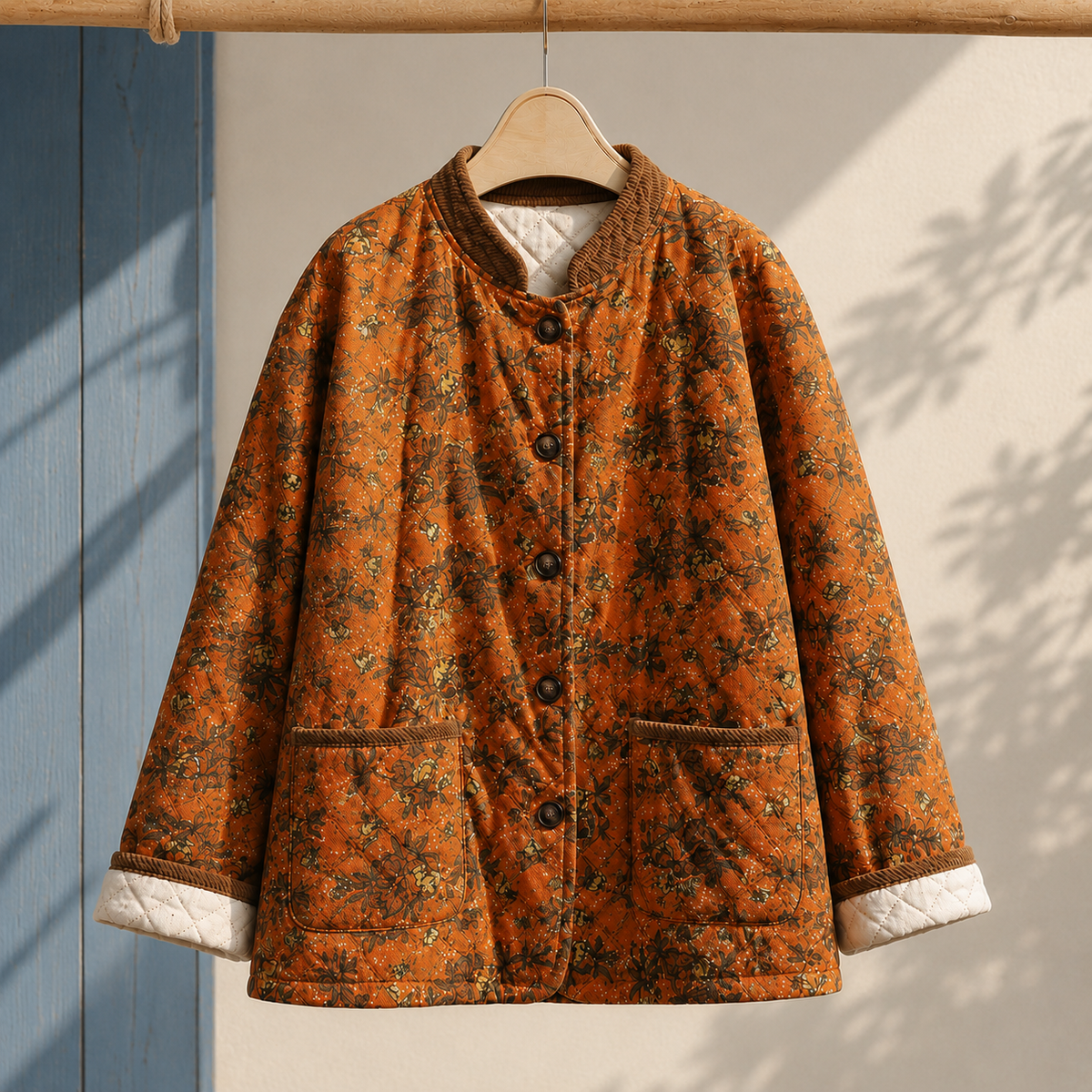 Jacket Cotton-Linen Blend Floral Print with Diamond Quilting