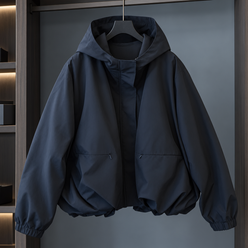 Cocoon Jacket Polyester Hooded with Bubble Hem and Concealed Zip