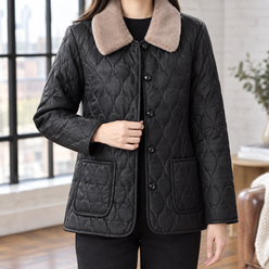 Quilted Jacket Faux Leather with Plush Collar and Patch Pockets