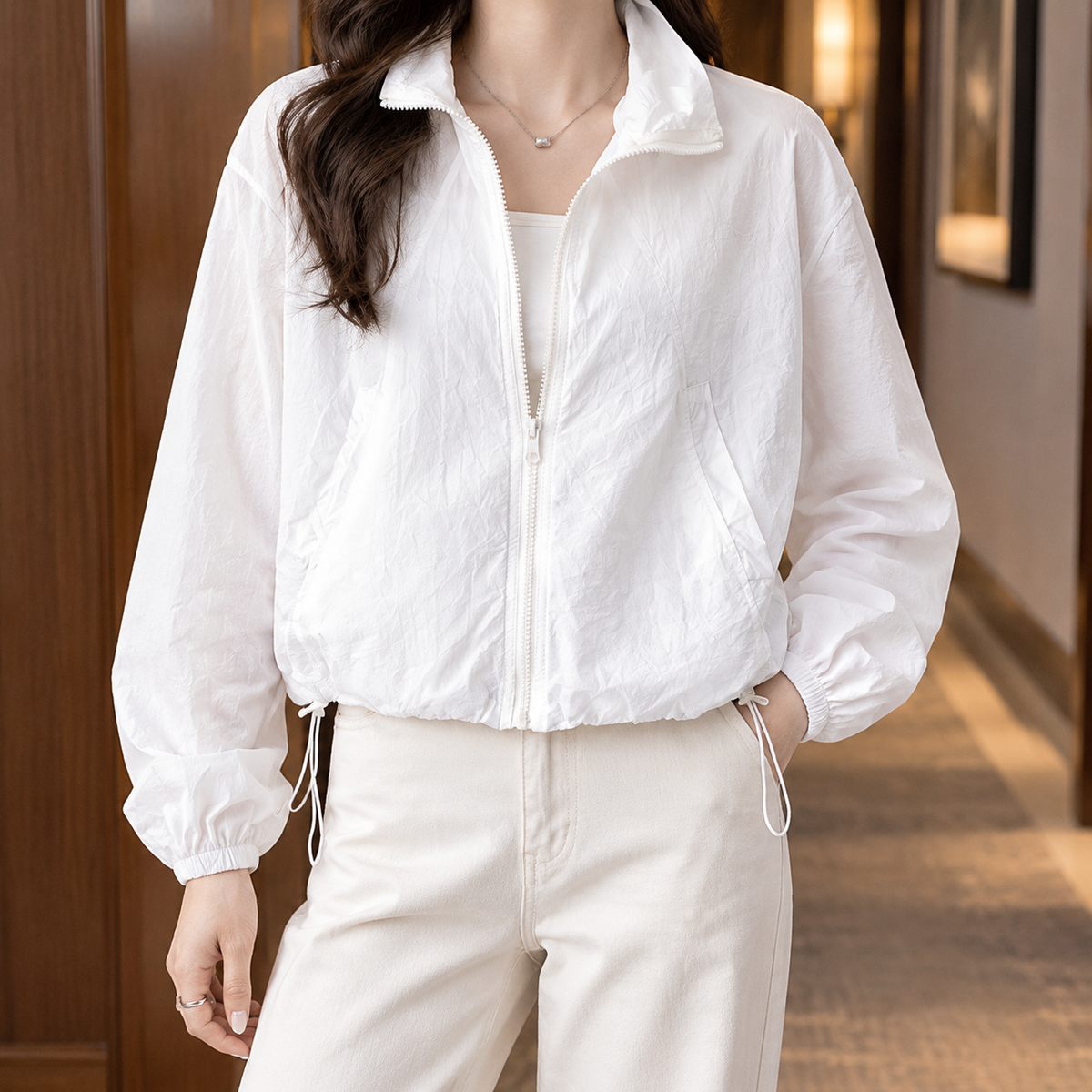 Zip-Up Jacket Polyester Cropped with Stand Collar and Drawcord Hem