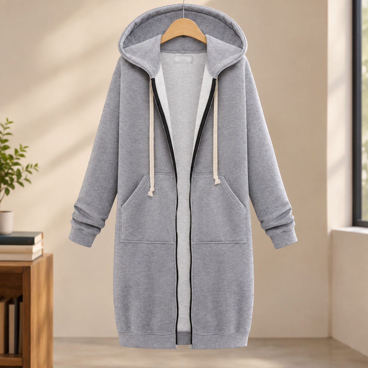 Overcoat Polyester Longline with Drawcord Hood and Full Zip