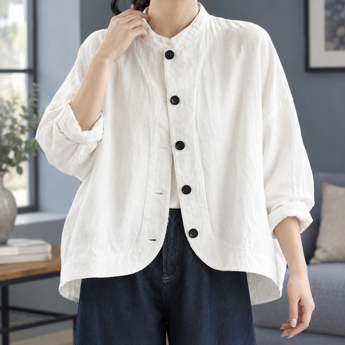 Stand Collar Jacket Cotton Relaxed with Button Front and High-Low Hem