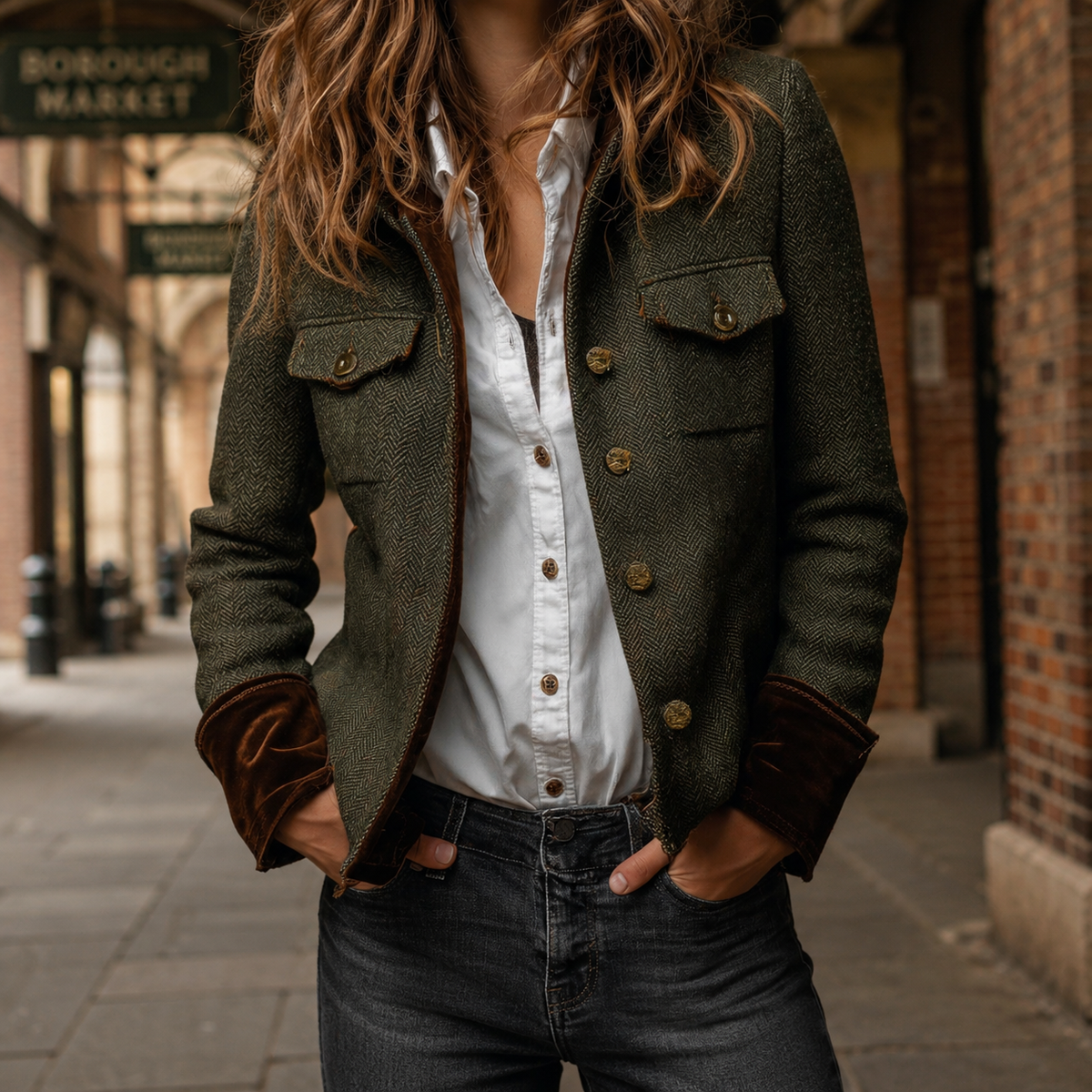 Jacket Wool Blend Herringbone Fitted with Contrast Turn-Back Cuffs