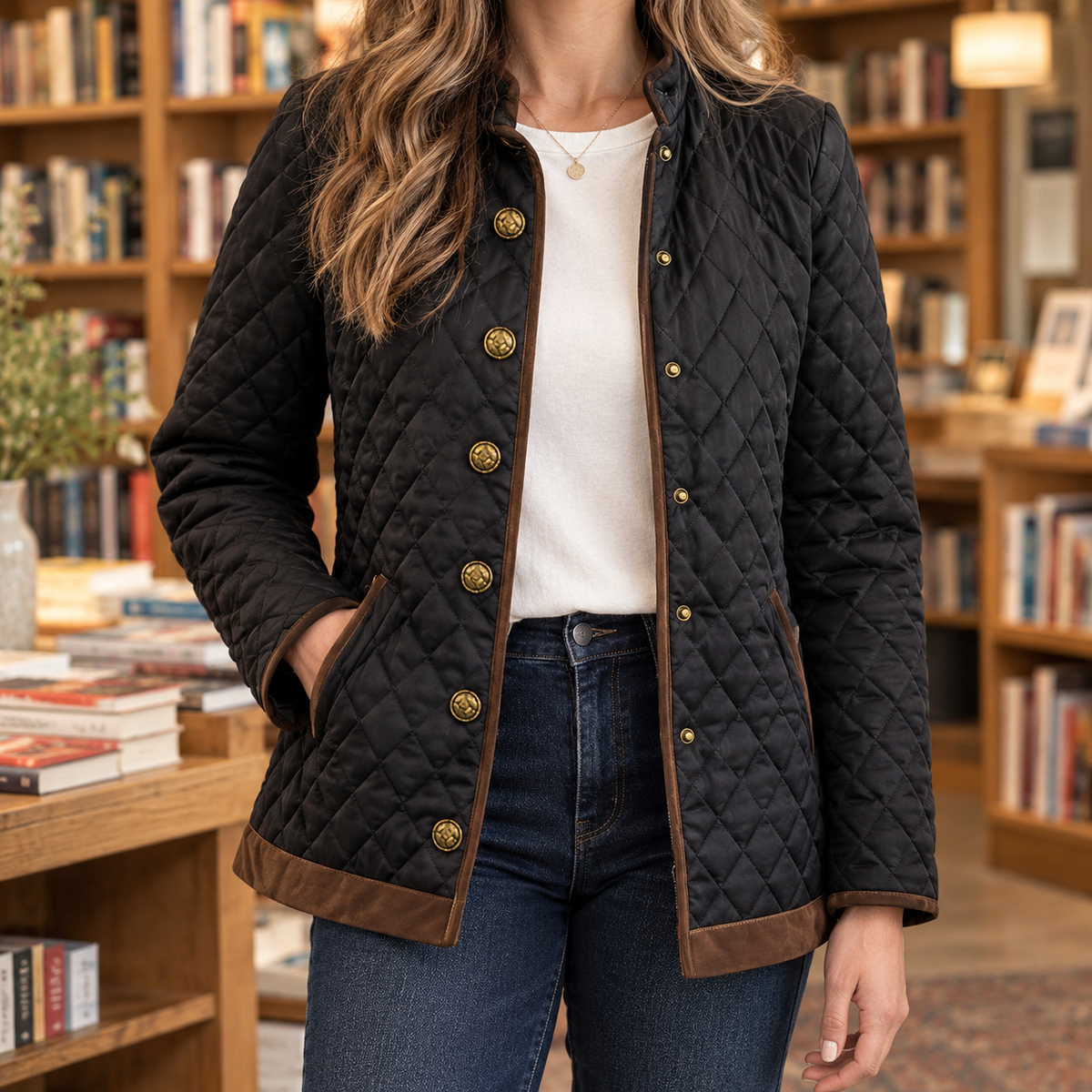 Quilted Jacket Polyester Diamond Quilting with Contrast Trim