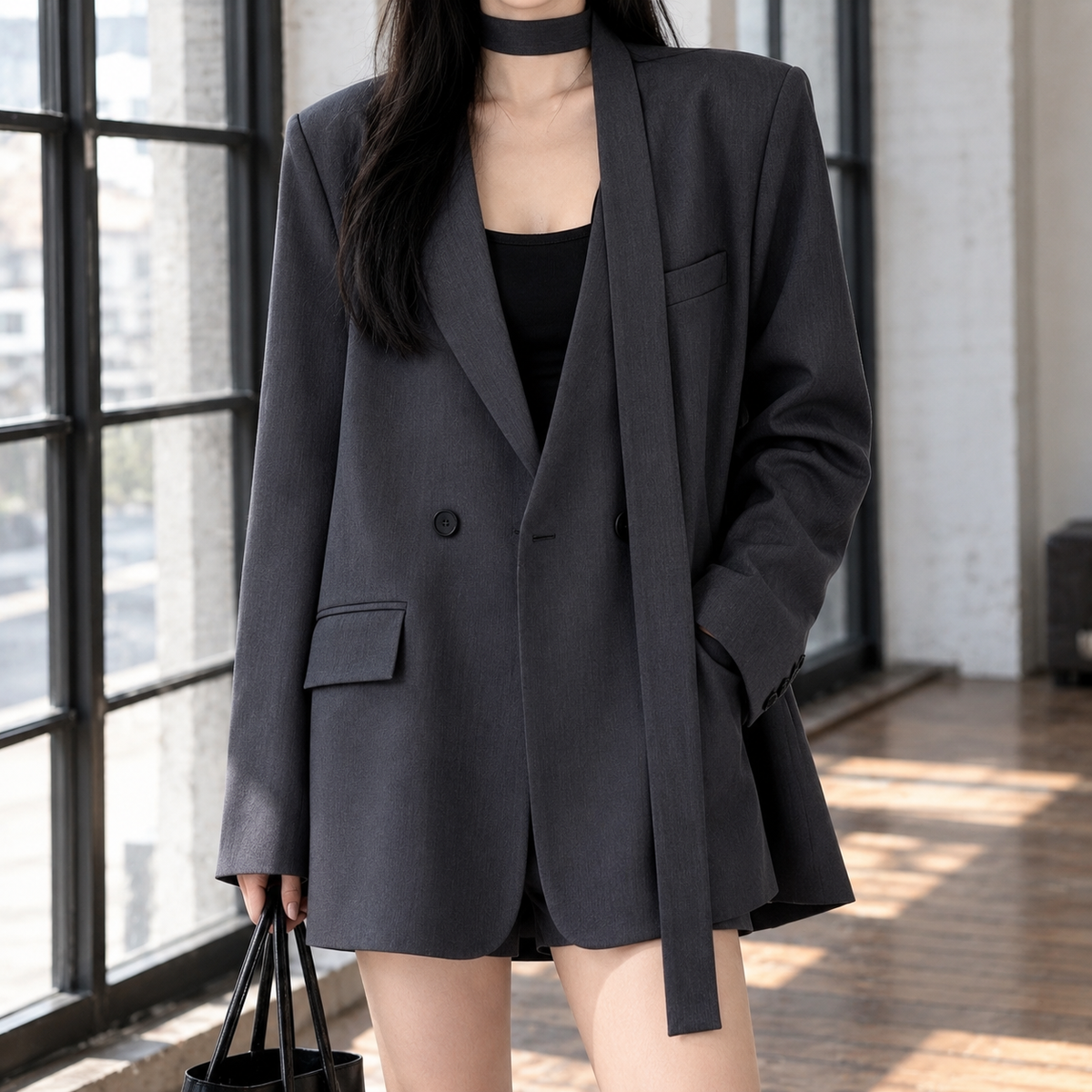 Blazer Polyester Relaxed Longline with Scarf Collar