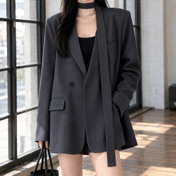 Blazer Polyester Relaxed Longline with Scarf Collar