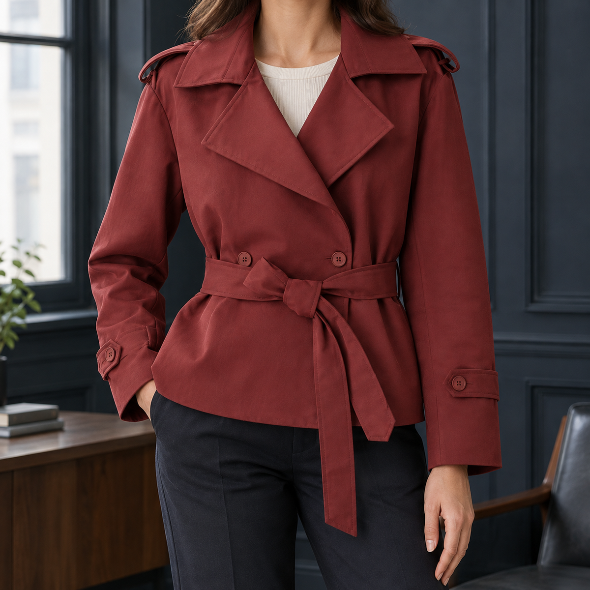 Belted Jacket Polyester Short with Wide Lapels and Self-Tie Waist