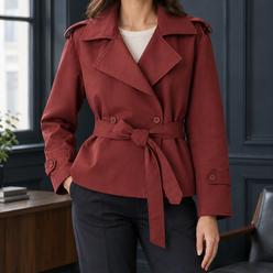 Belted Jacket Polyester Short with Wide Lapels and Self-Tie Waist