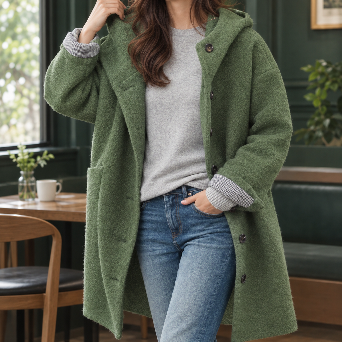 Hooded Coat Wool Blend Relaxed Longline with Button Front