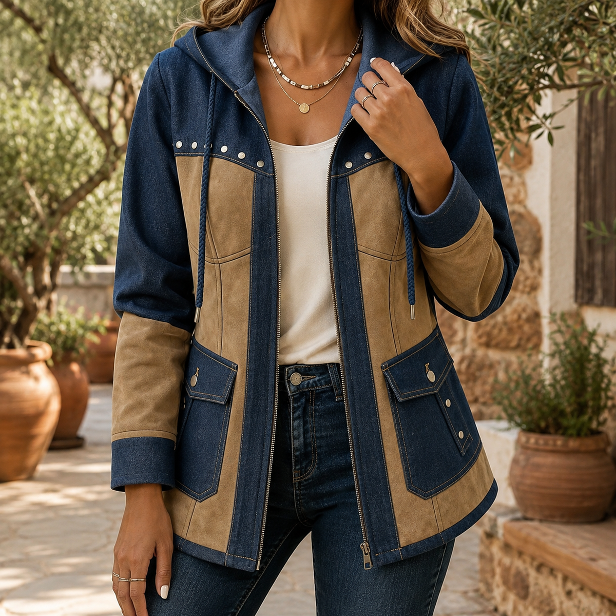 Patchwork Jacket Polyester Two-Tone Paneled with Drawstring Hood
