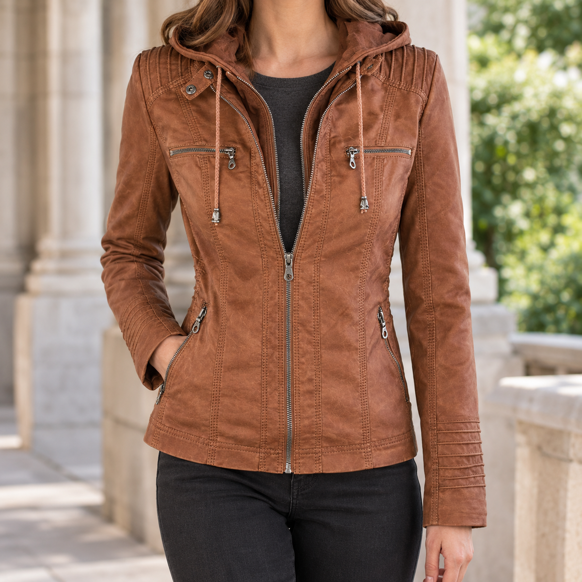 Hooded Jacket Faux Leather Fitted with Layered Zip and Four Pockets