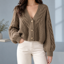 Deep V-Neck Cable Cardigan