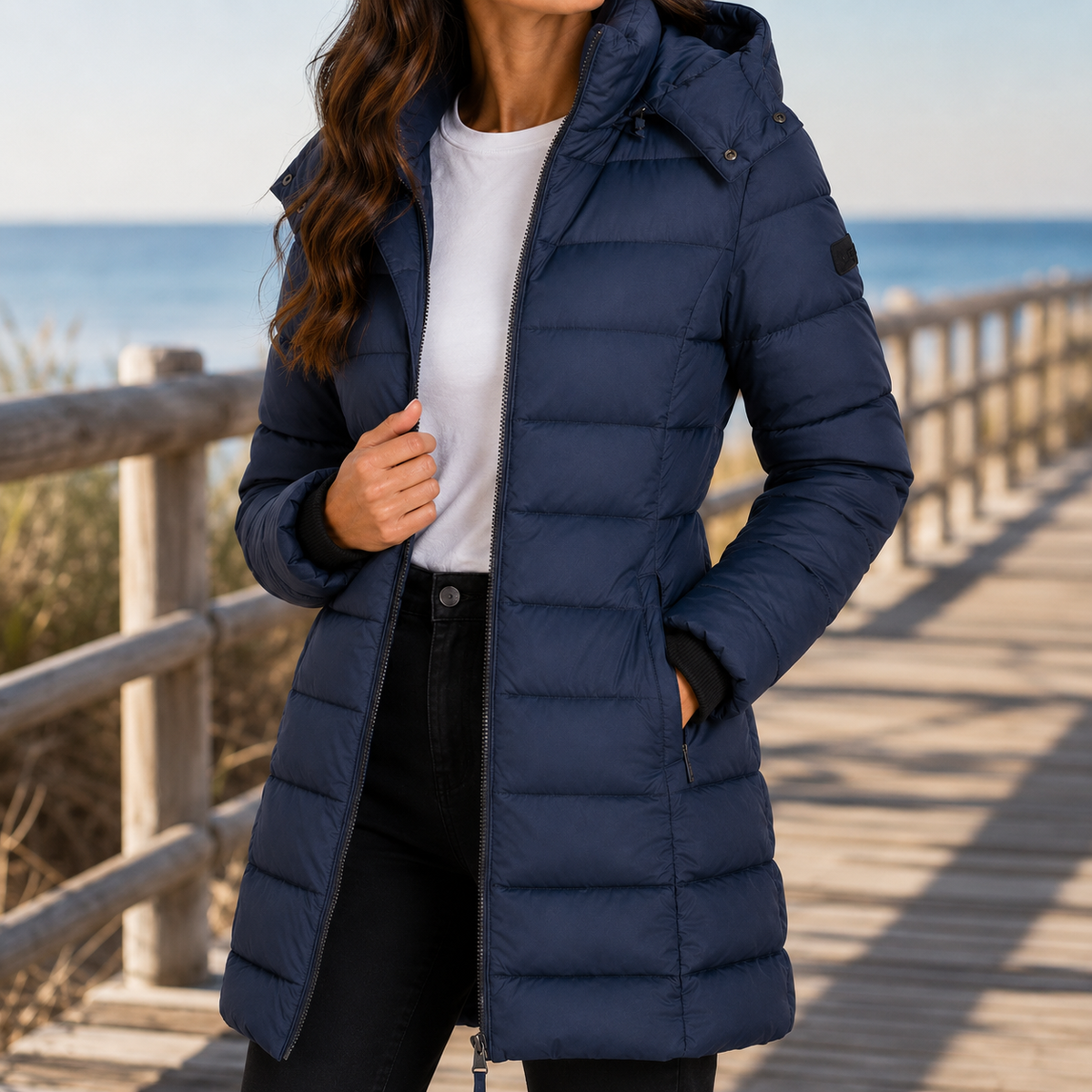 Quilted Jacket Polyester Longline with Hood, Full Zip and Side Pockets