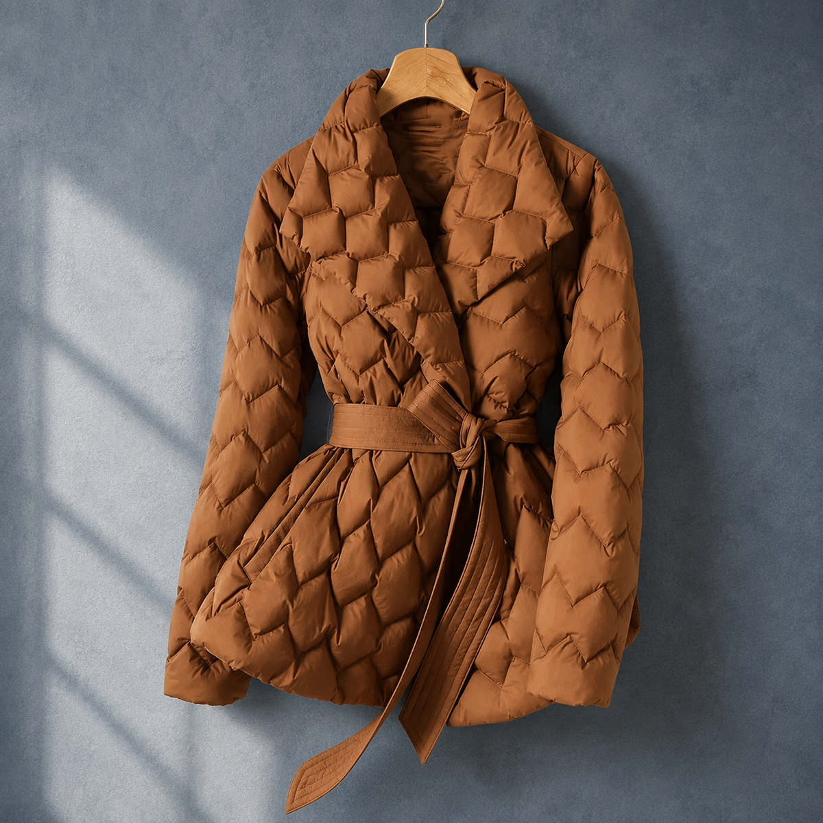 Quilted Jacket Polyester Diamond Quilted with Shawl Collar and Belt