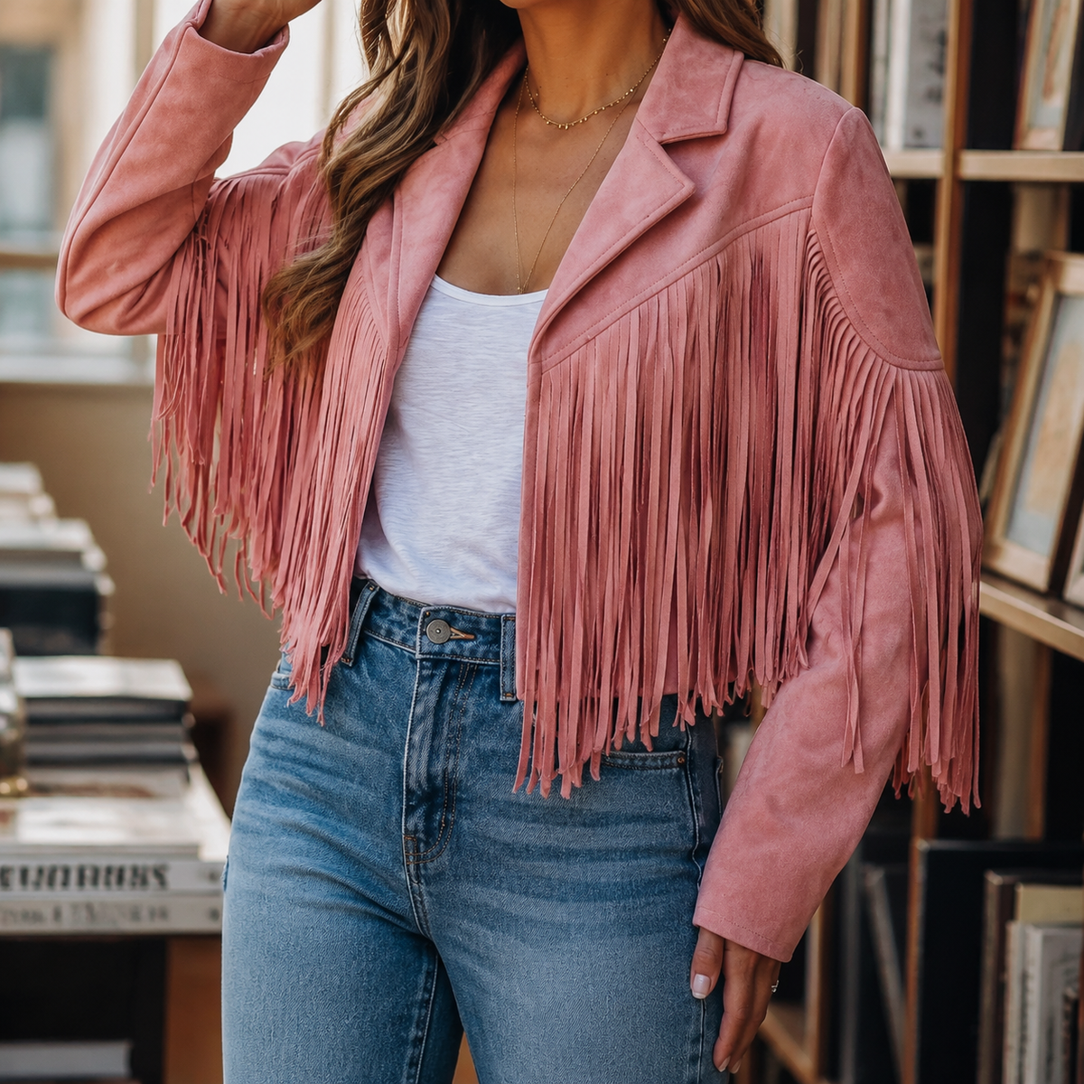 Jacket Polyester Western Fringe Cropped with Notched Lapel Collar