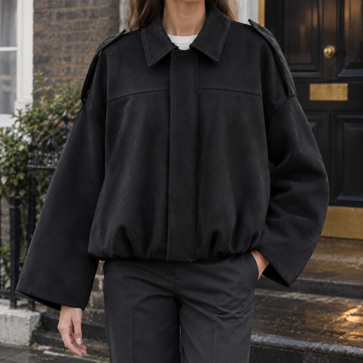 Jacket Faux Suede Relaxed Batwing with Epaulettes and Gathered Hem
