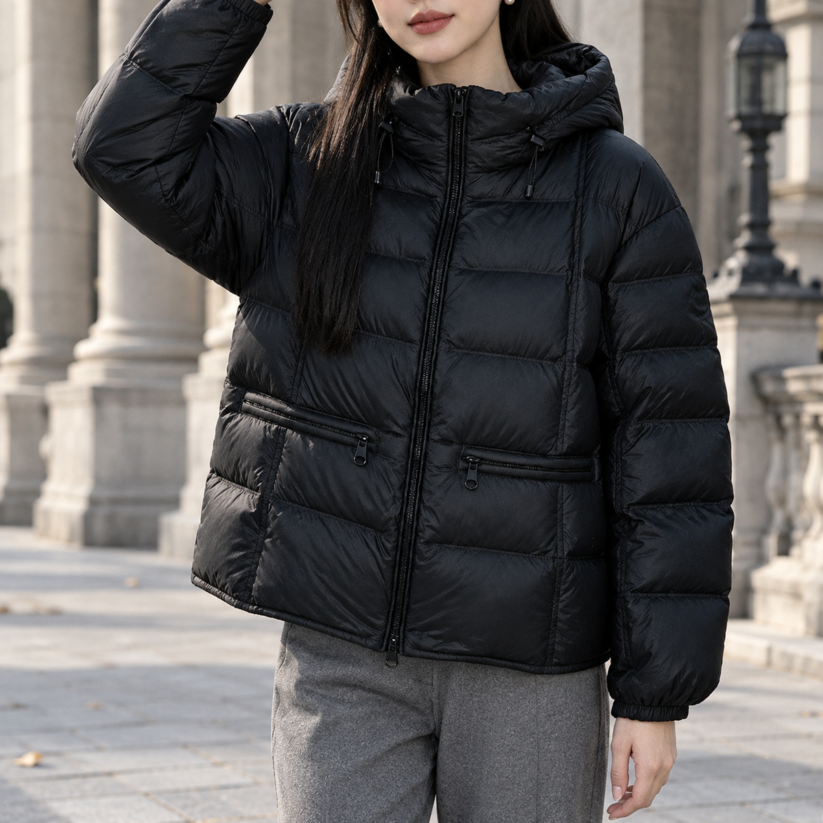 Quilted Jacket Duck Down Hooded Relaxed with Zip Waist Pockets