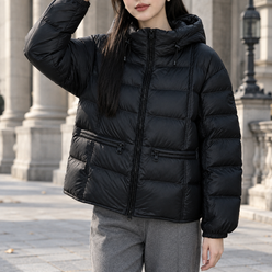 Quilted Jacket Duck Down Hooded Relaxed with Zip Waist Pockets