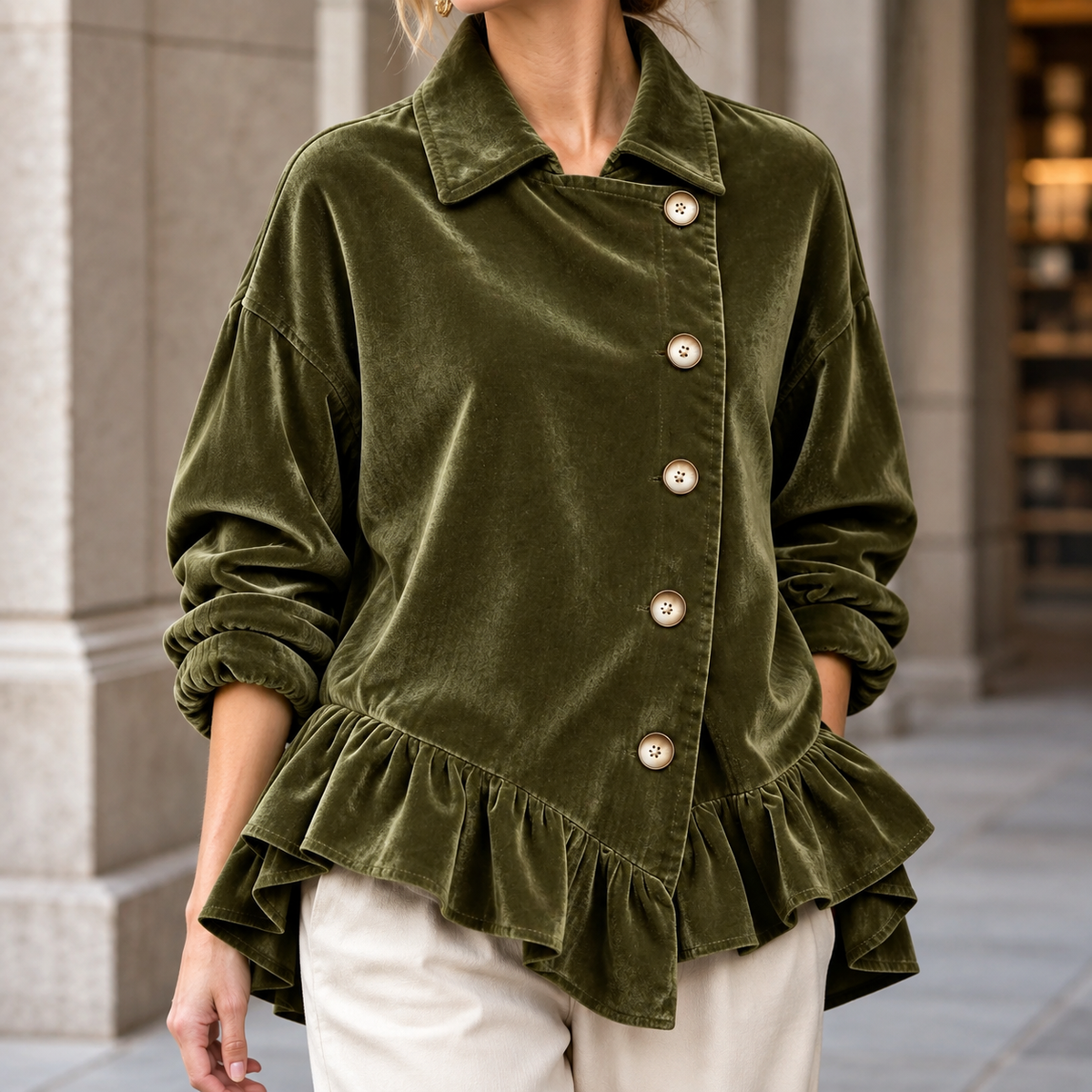 Jacket Polyester with Asymmetric Ruffle Hem and Button Front