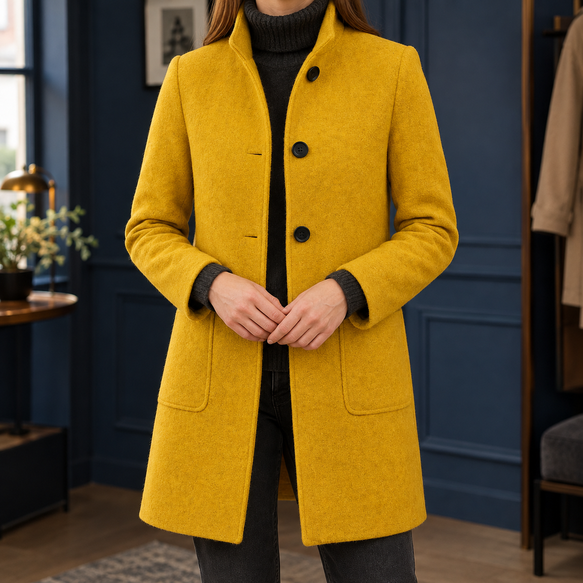 Coat Polyester Knee-Length with Narrow Stand Collar and Three Buttons