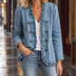 Denim Jacket Cotton Blend with Ruffled Edging and Antique-Tone Buttons