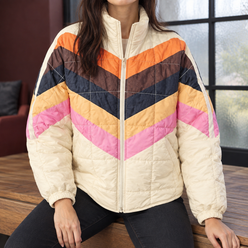 Quilted Jacket Polyester Loose Hip-Length with Chevron Colourblock
