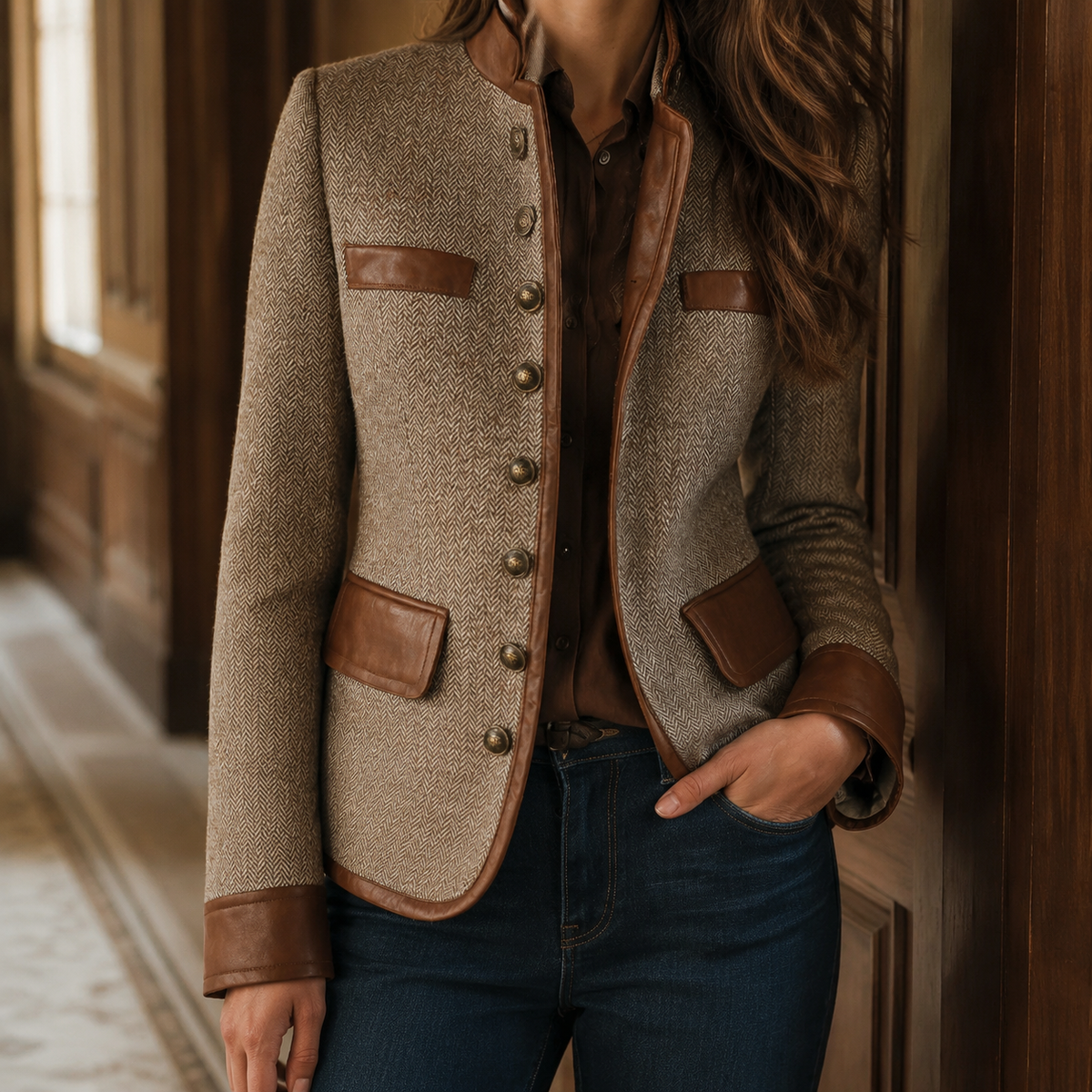 Herringbone Jacket Polyester with Leather-Look Trim and Four Pockets