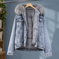 Denim Jacket Plush Lined with Oversized Trimmed Hood and Four Pockets