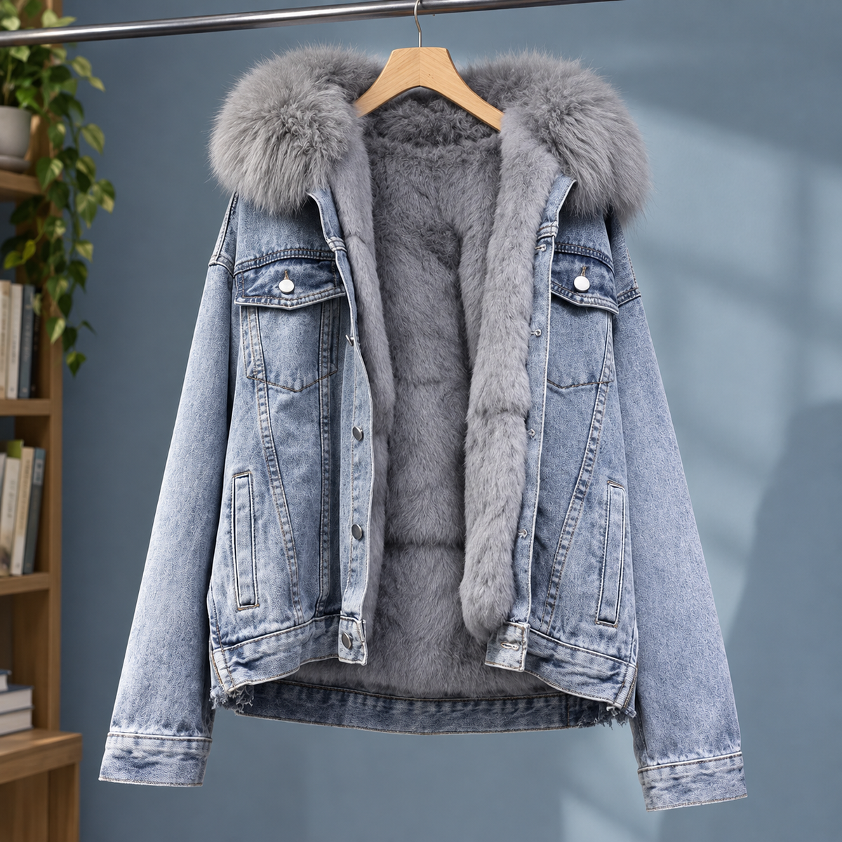 Denim Jacket Plush Lined with Oversized Trimmed Hood and Four Pockets