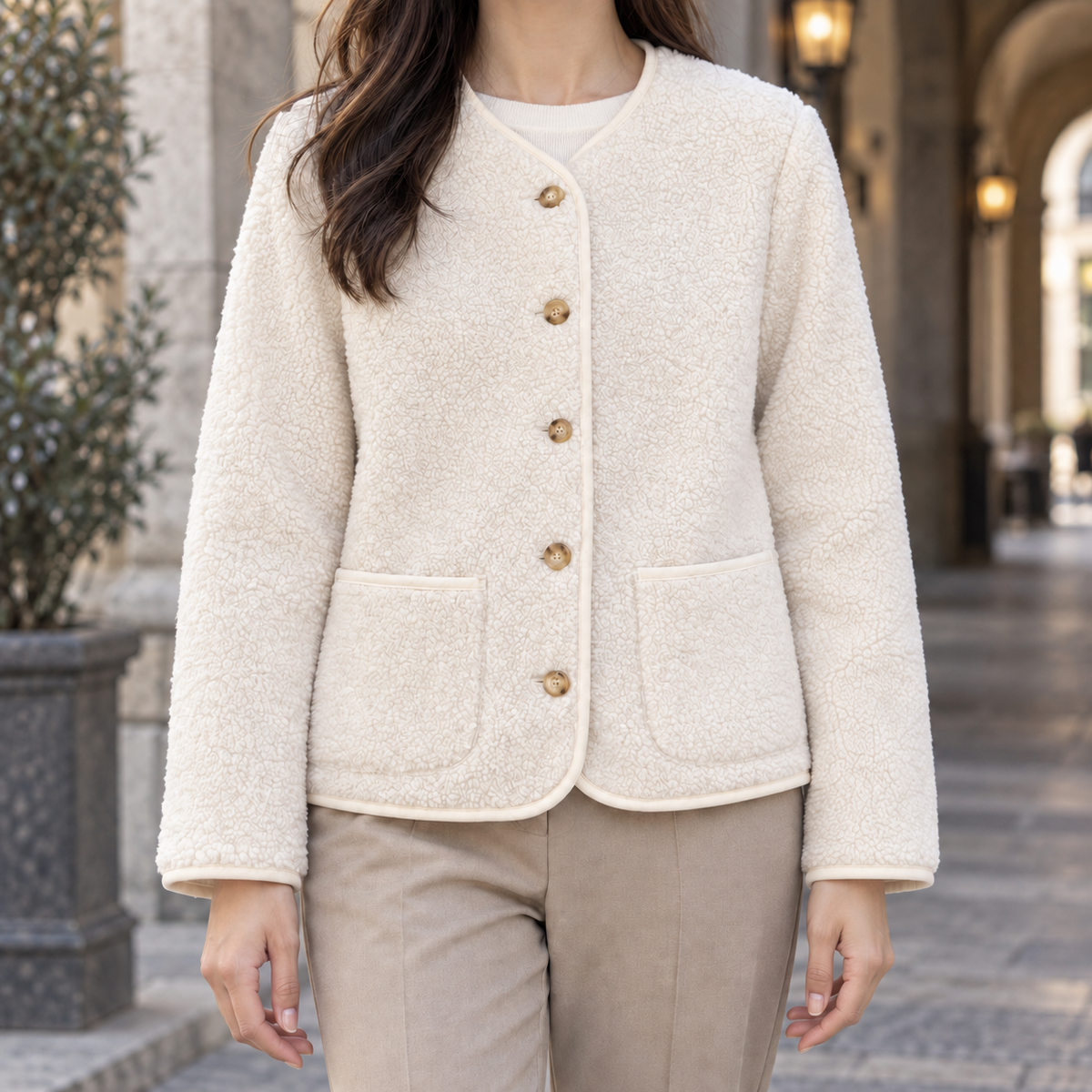 Fleece Jacket Textured with Asymmetric Button Front and Patch Pockets