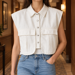 Cropped Denim Utility Top with Flap Pockets