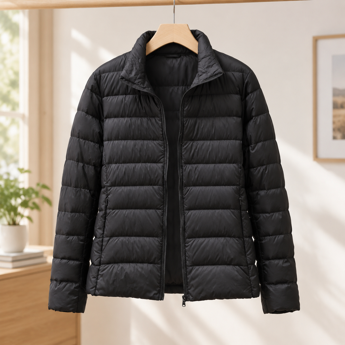 Jacket Cashmere-Feel Quilted Polyester with Stand Collar and Zip
