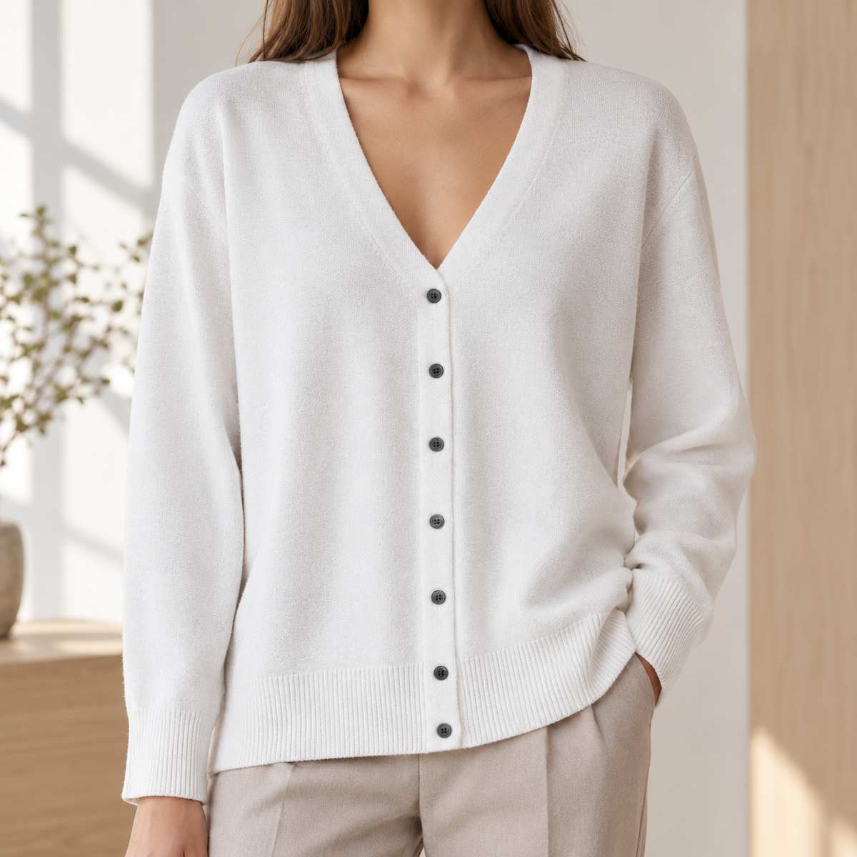 Cotton-Blend Button Cardigan with Deep V-Neck