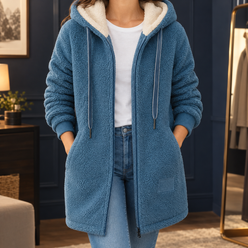 Fleece Jacket Plush Hooded Longline with Cream-Lined Hood and Zip